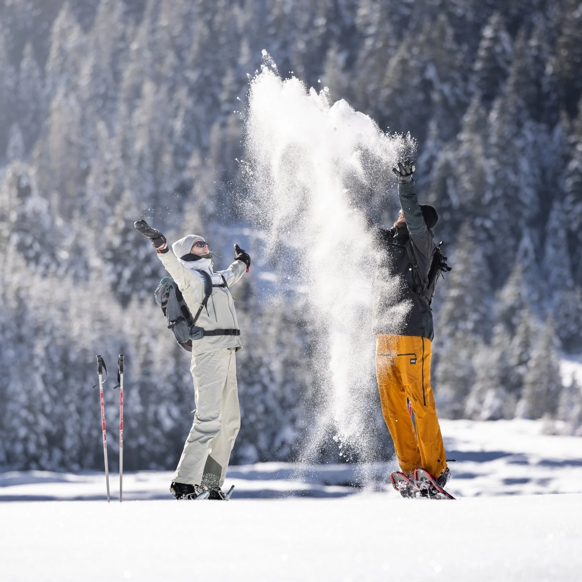 Winter.Break Two people throwing snow in the air in a snowy winter landscape.