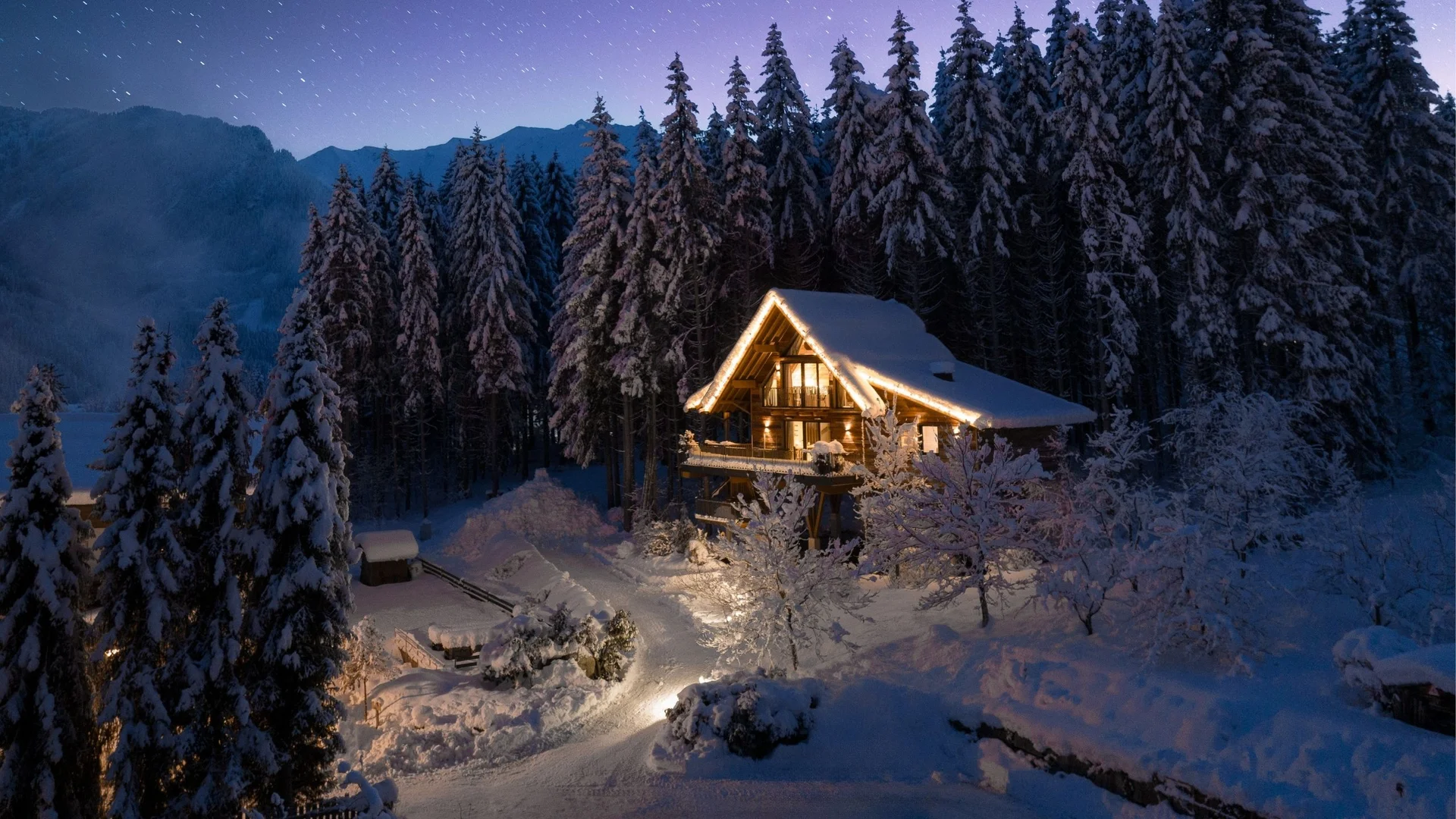Babymoon im Gassner Baumhaus Schneebedecktes Chalet im Wald bei Nacht mit beleuchteten Außenlichtern