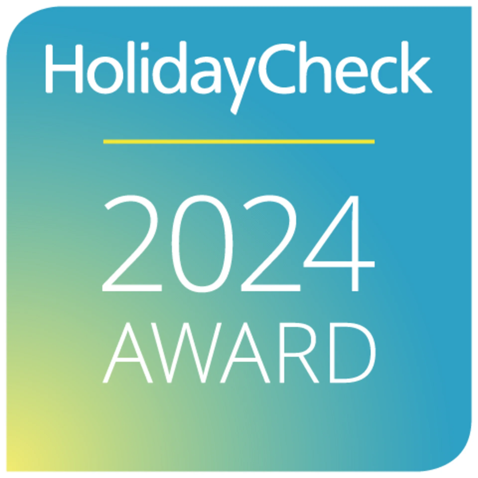 Bewertungen HolidayCheck 2024 Award Logo mit blau-grünem Verlauf und gelber Linie