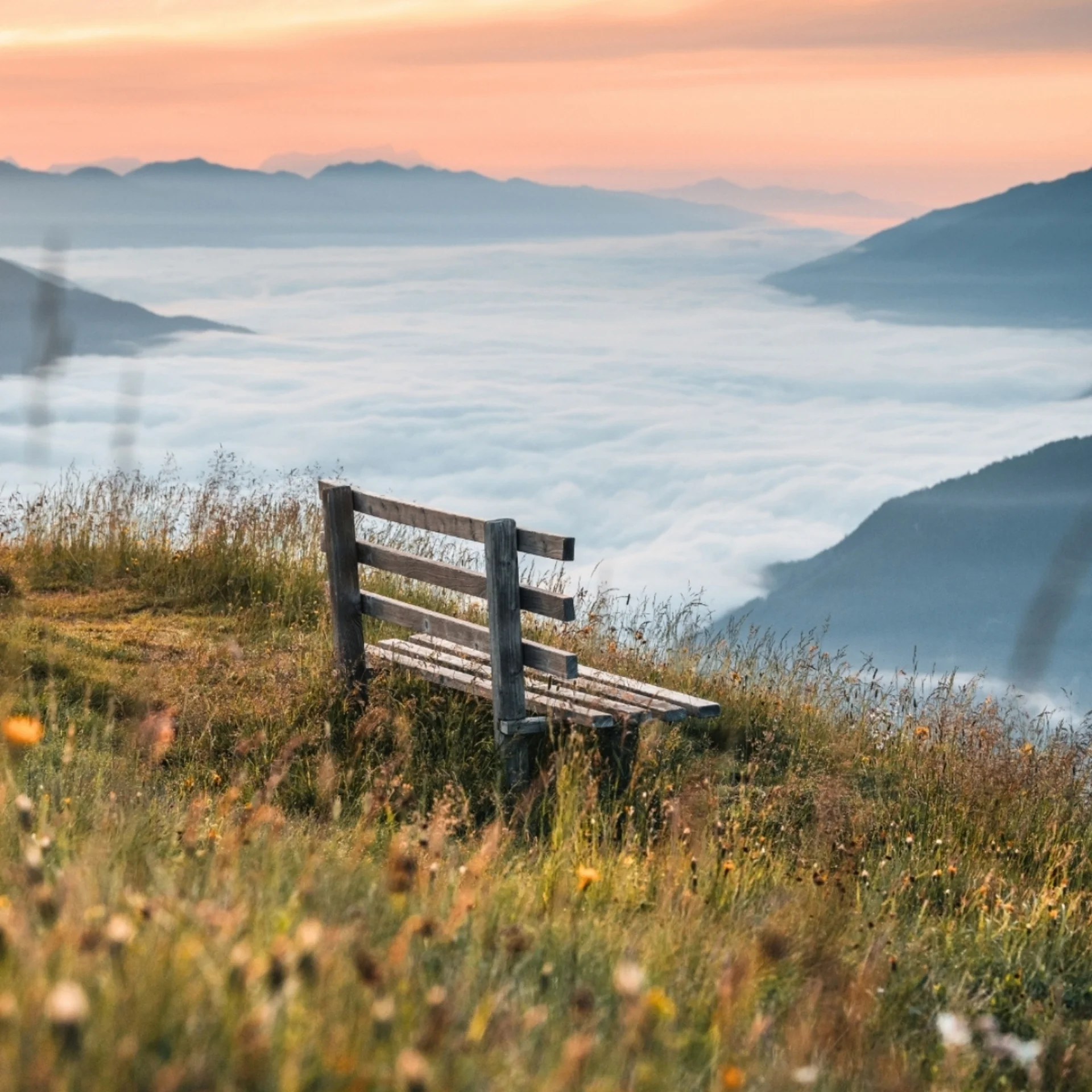 Home Holzbank auf Wiese mit Blick auf neblige Berge bei Sonnenuntergang