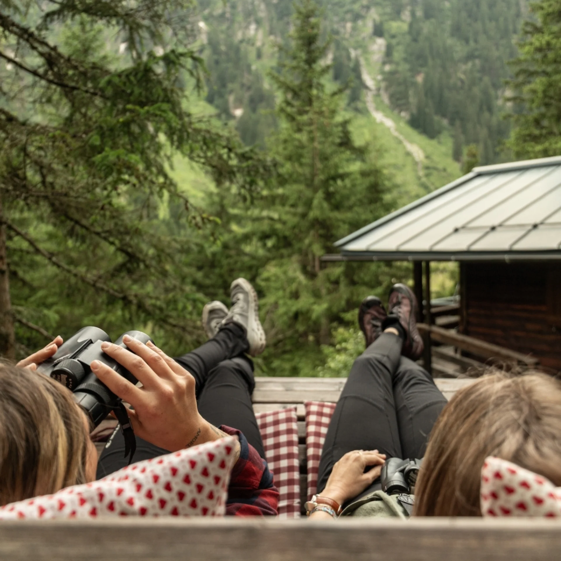 Salzburger Bauernherbst trifft auf Wild-Watching Zwei Personen beobachten mit Ferngläsern einen bewaldeten Bergwald