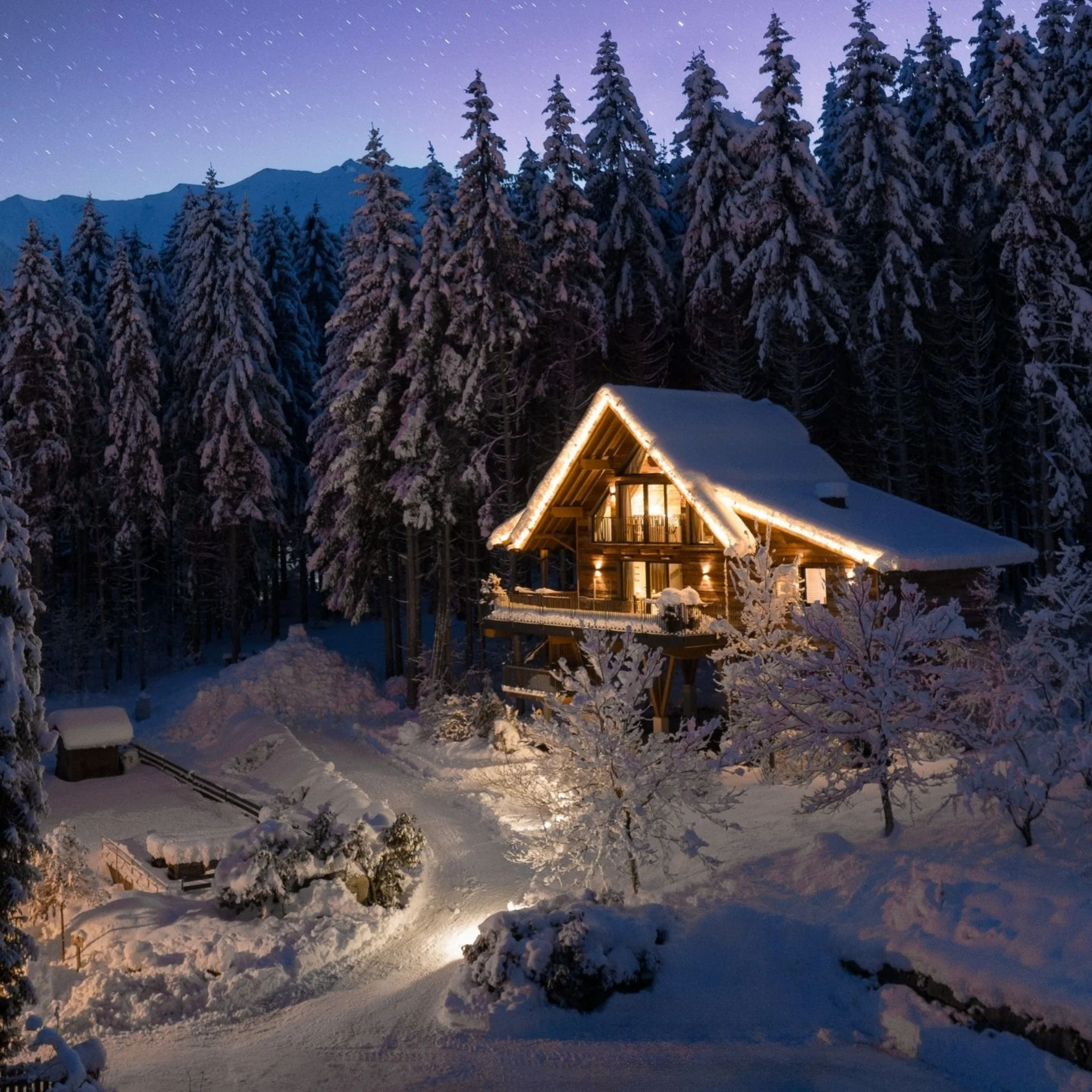Baumhaus Schneebedecktes Chalet im Wald bei Nacht mit beleuchteten Außenlichtern