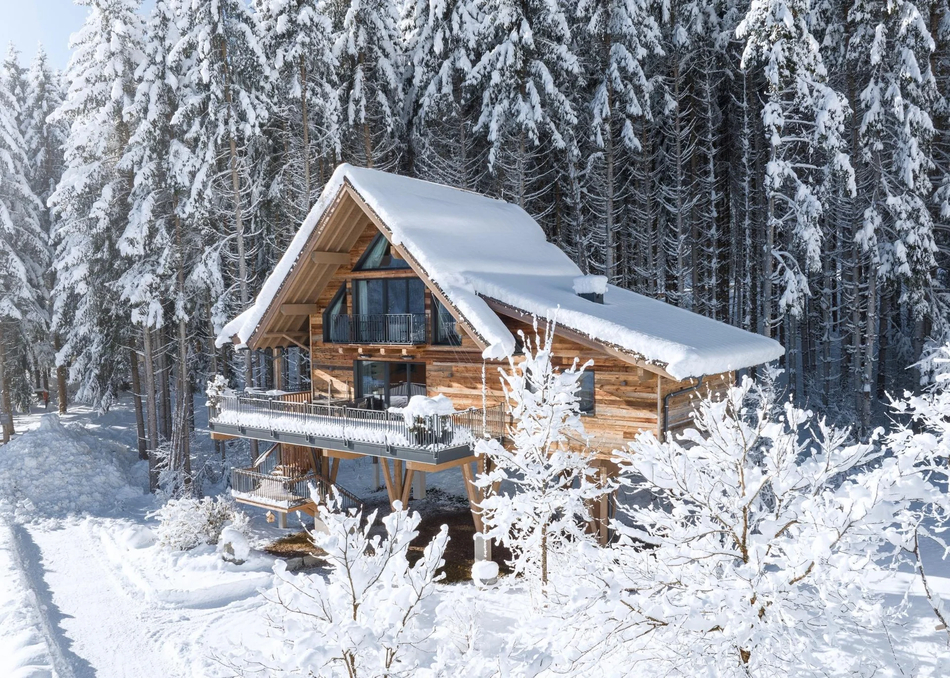 Babymoon im Gassner Baumhaus Verschneite Holzhütte im Wald mit schneebedecktem Dach und Bäumen