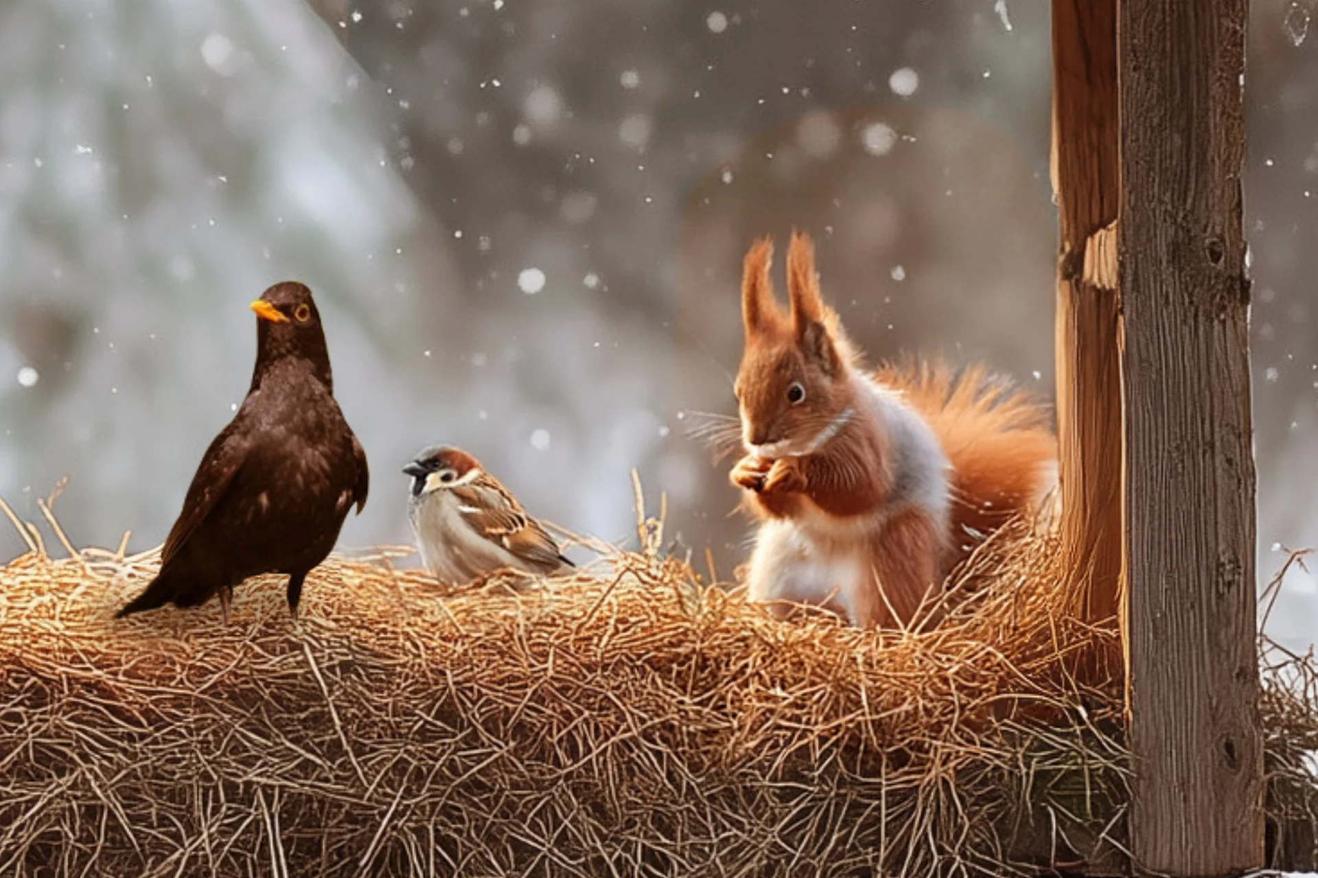 Eine kleine Gassner Weihnachtsgeschichte Eichhörnchen und zwei Vögel auf Heuboden bei Schneefall