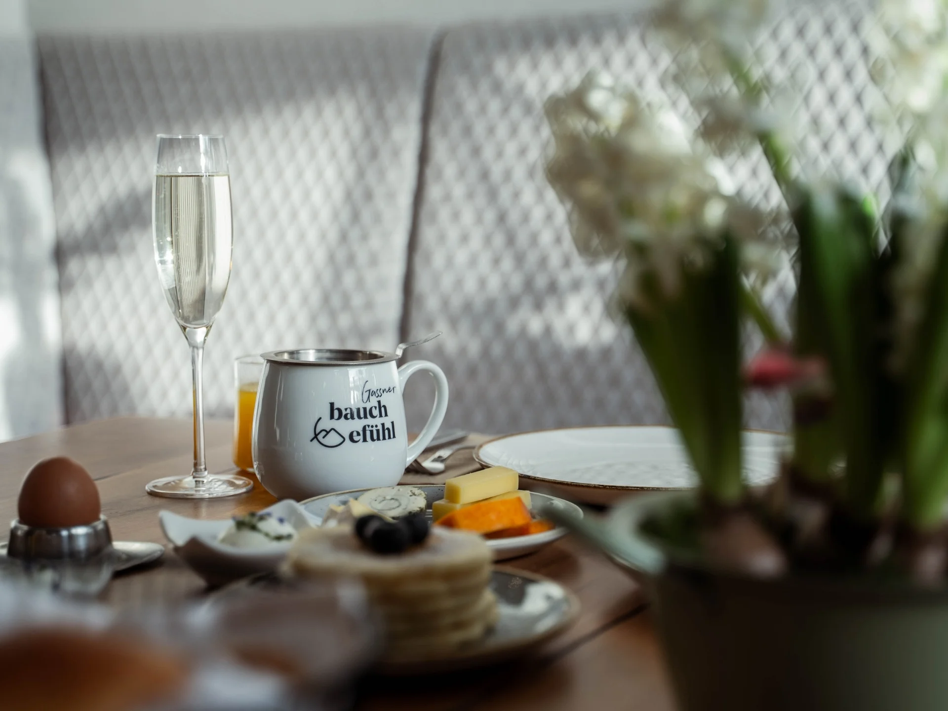 Frühstückstisch mit Ei, Käse, Getränken und Pflanzen im Vordergrund