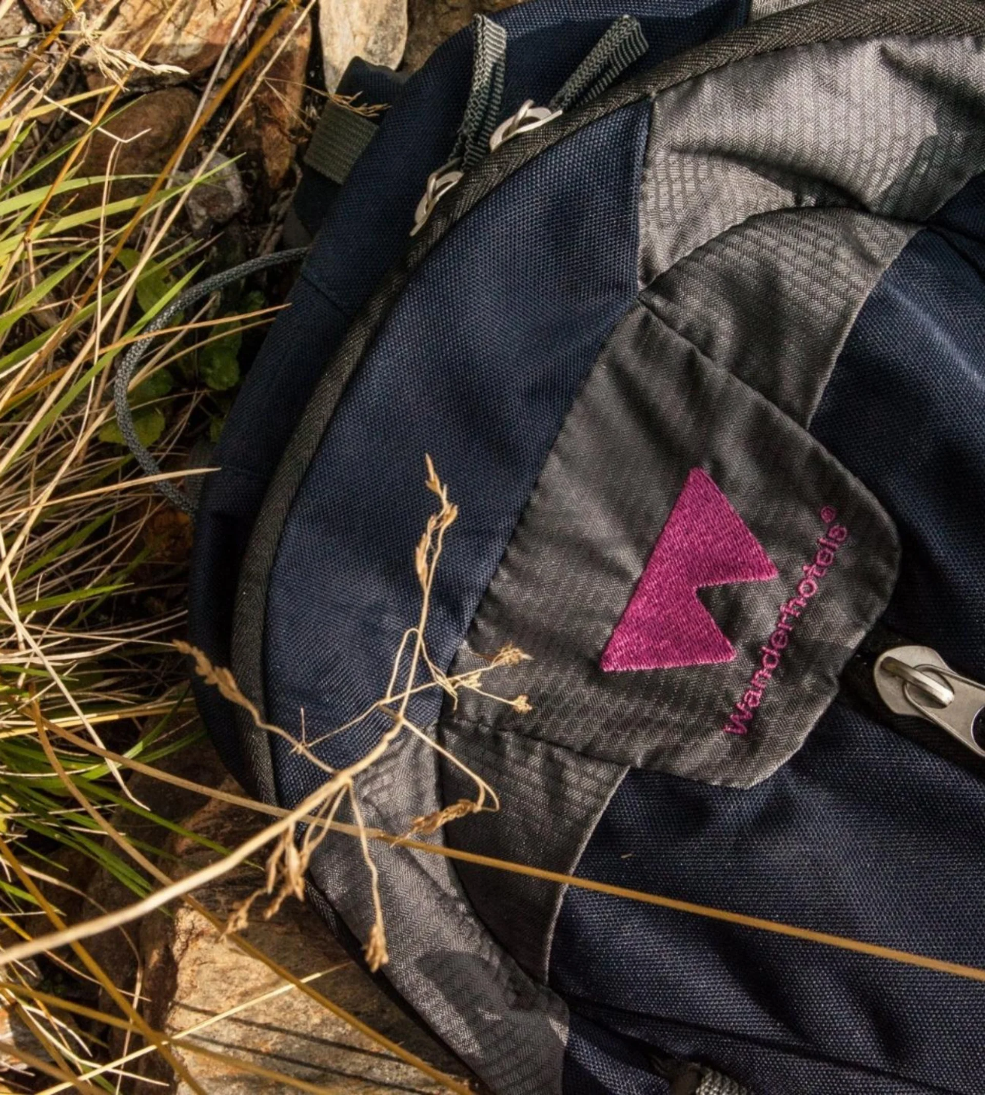 Blauer und grauer Rucksack mit lila Logo liegt im Gras