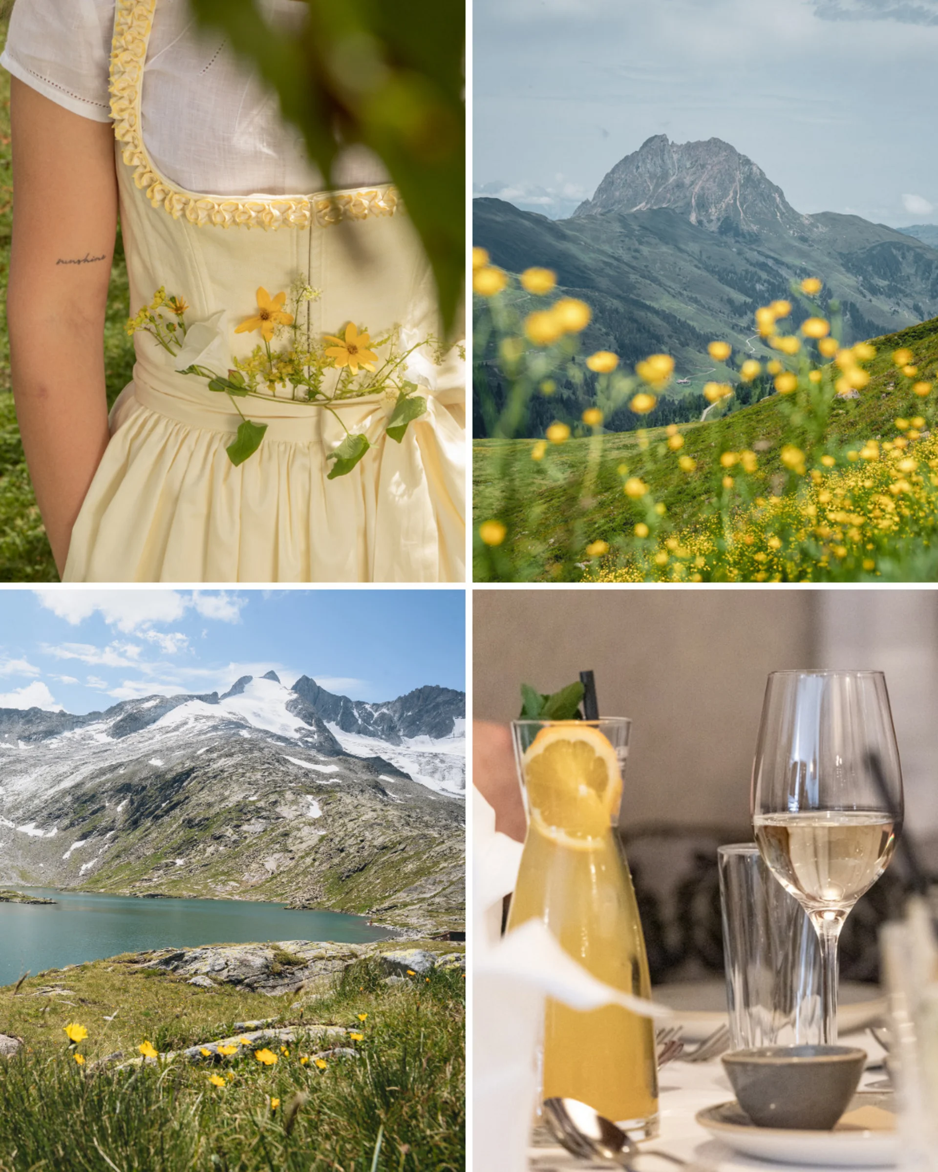 Colour Hunting Sommerchallenge Collage mit Blumen, Berglandschaften und einem gedeckten Tisch mit Getränken
