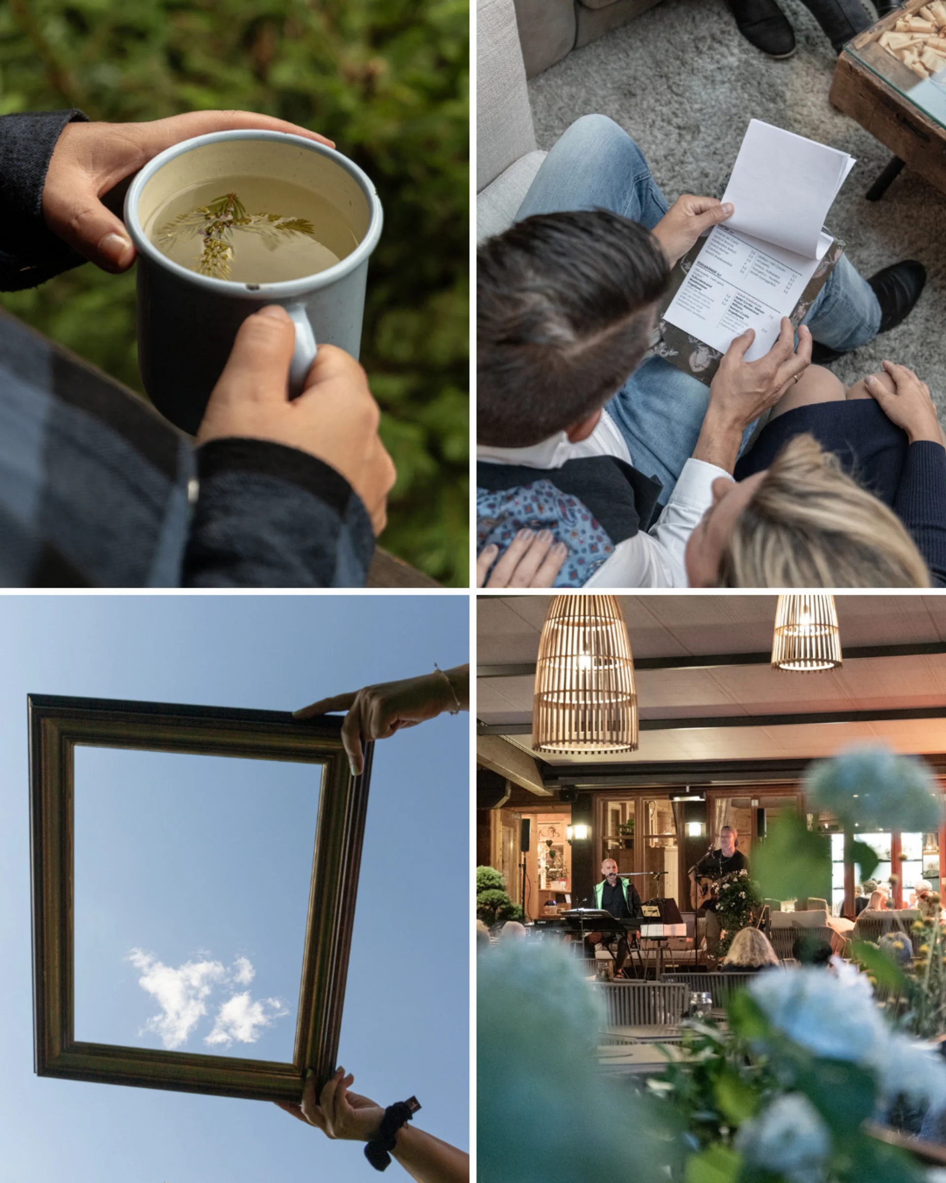 Colour Hunting Sommerchallenge Collage mit Bildern von Tee, Personen beim Lesen, Rahmen vor Himmel und Live-Musik im Restaurant