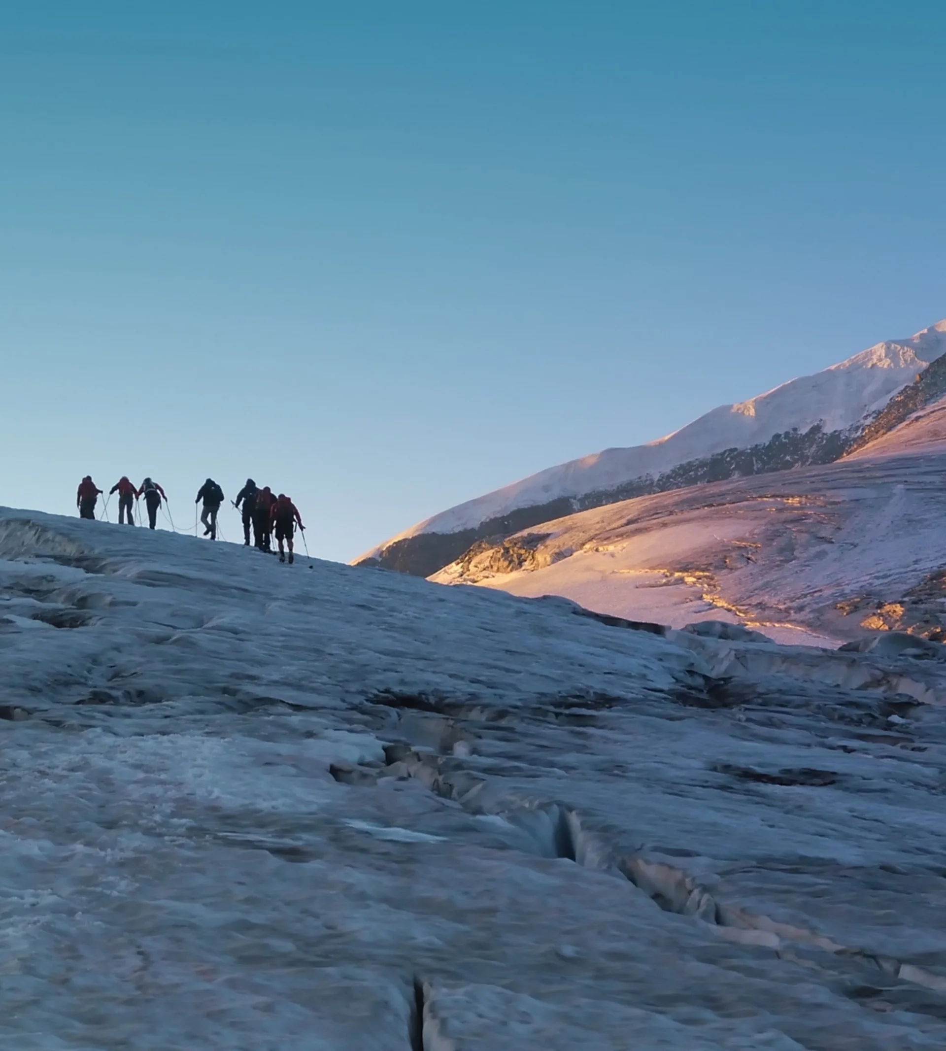 Hiking Service Group of climbers on icy glacier below sharp mountain peak at sunrise