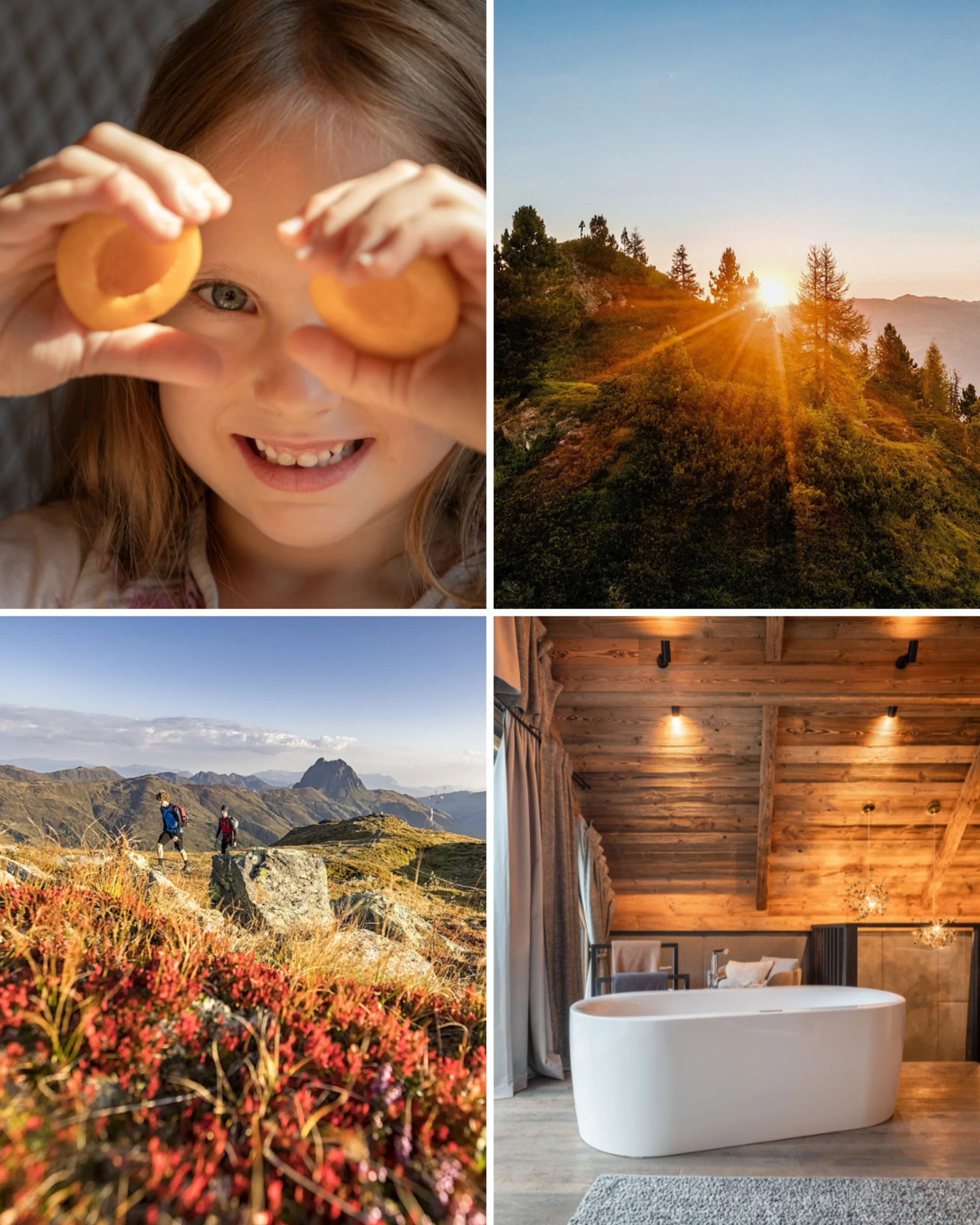 Colour Hunting Sommerchallenge Mädchen mit Aprikosenhälften, Sonnenuntergang im Gebirge, Wanderer auf Berg, modernes Badezimmer