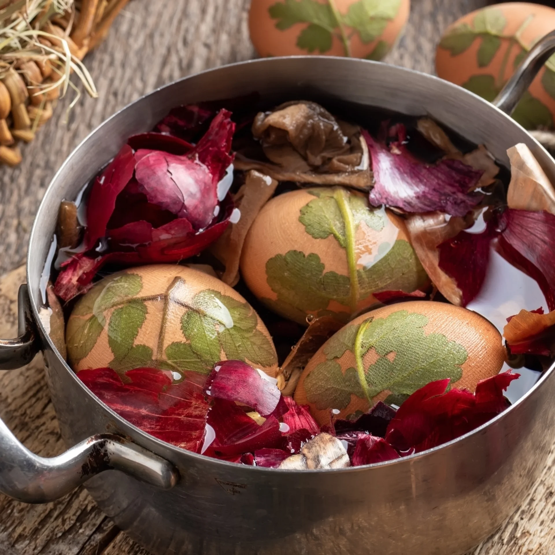 Eier in Topf mit Blättern und Zwiebelschalen zum Färben