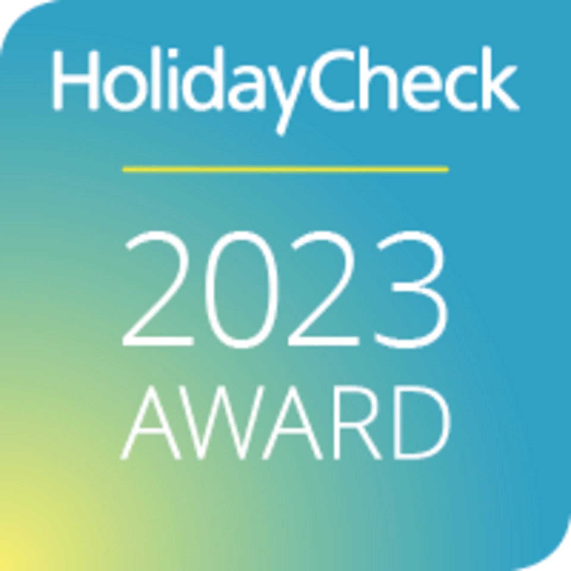 Bewertungen HolidayCheck Award 2023 Logo auf blau-grünem Hintergrund