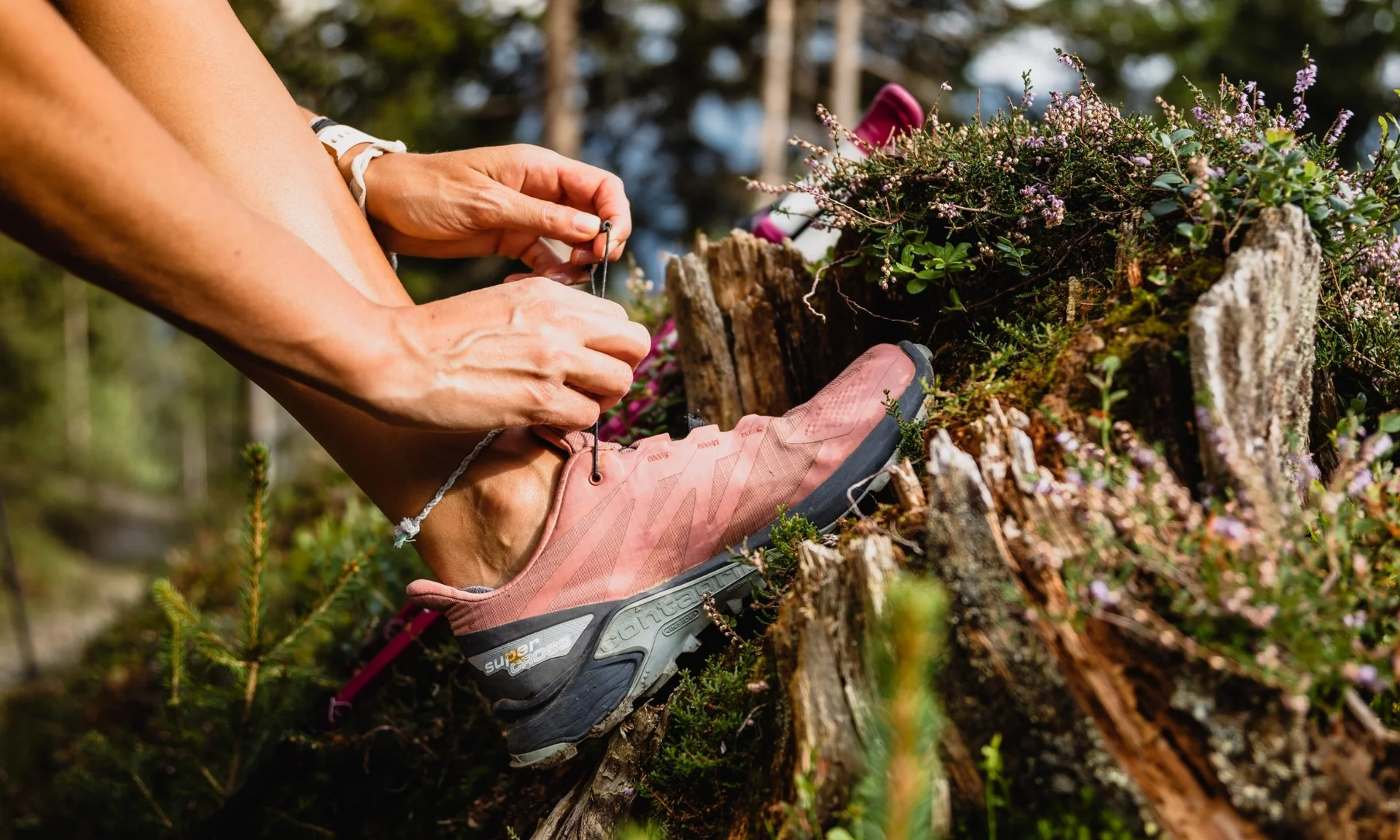 Person bindet Schnürsenkel an pinker Wanderschuh im Wald