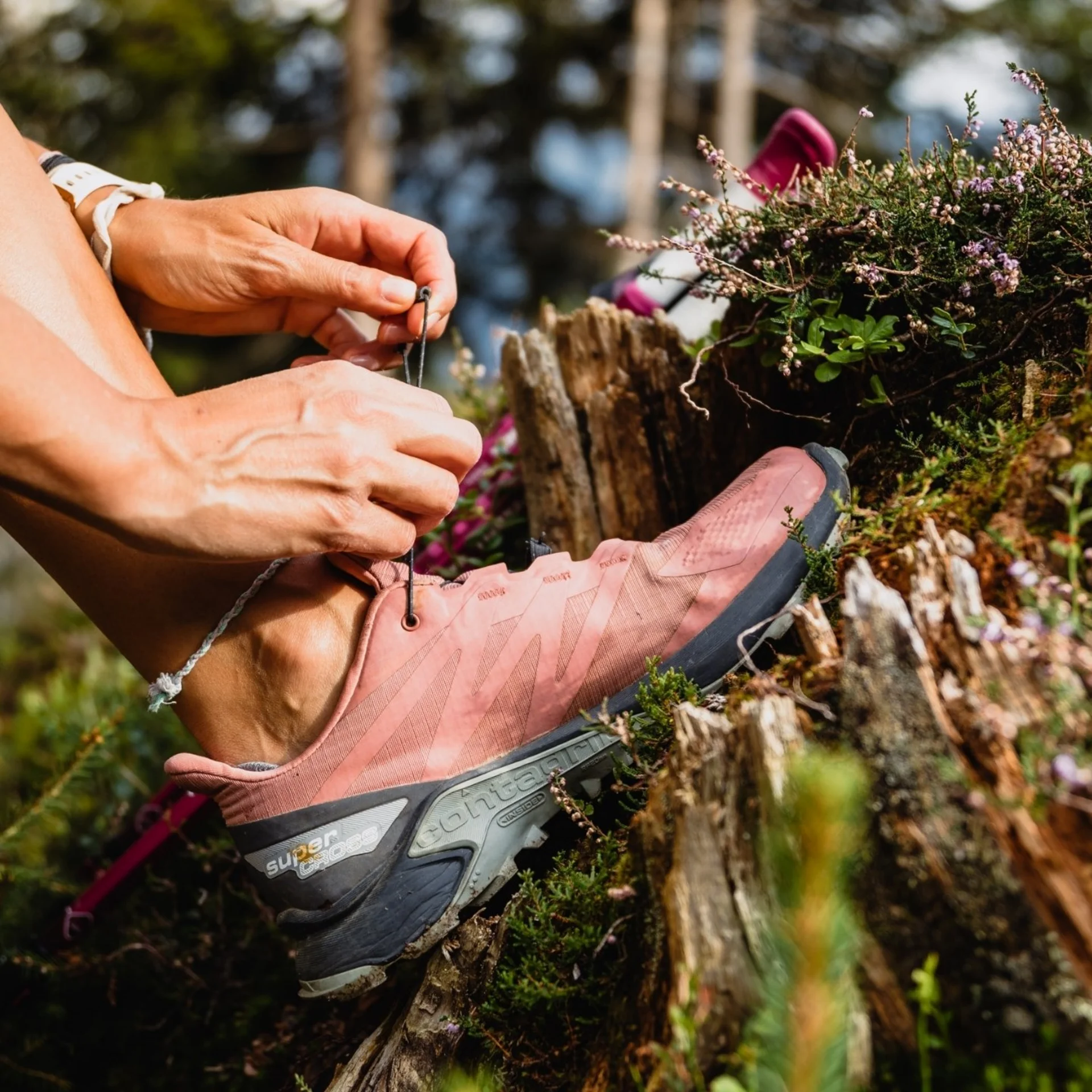 Person tying shoelaces on pink hiking shoe in forest