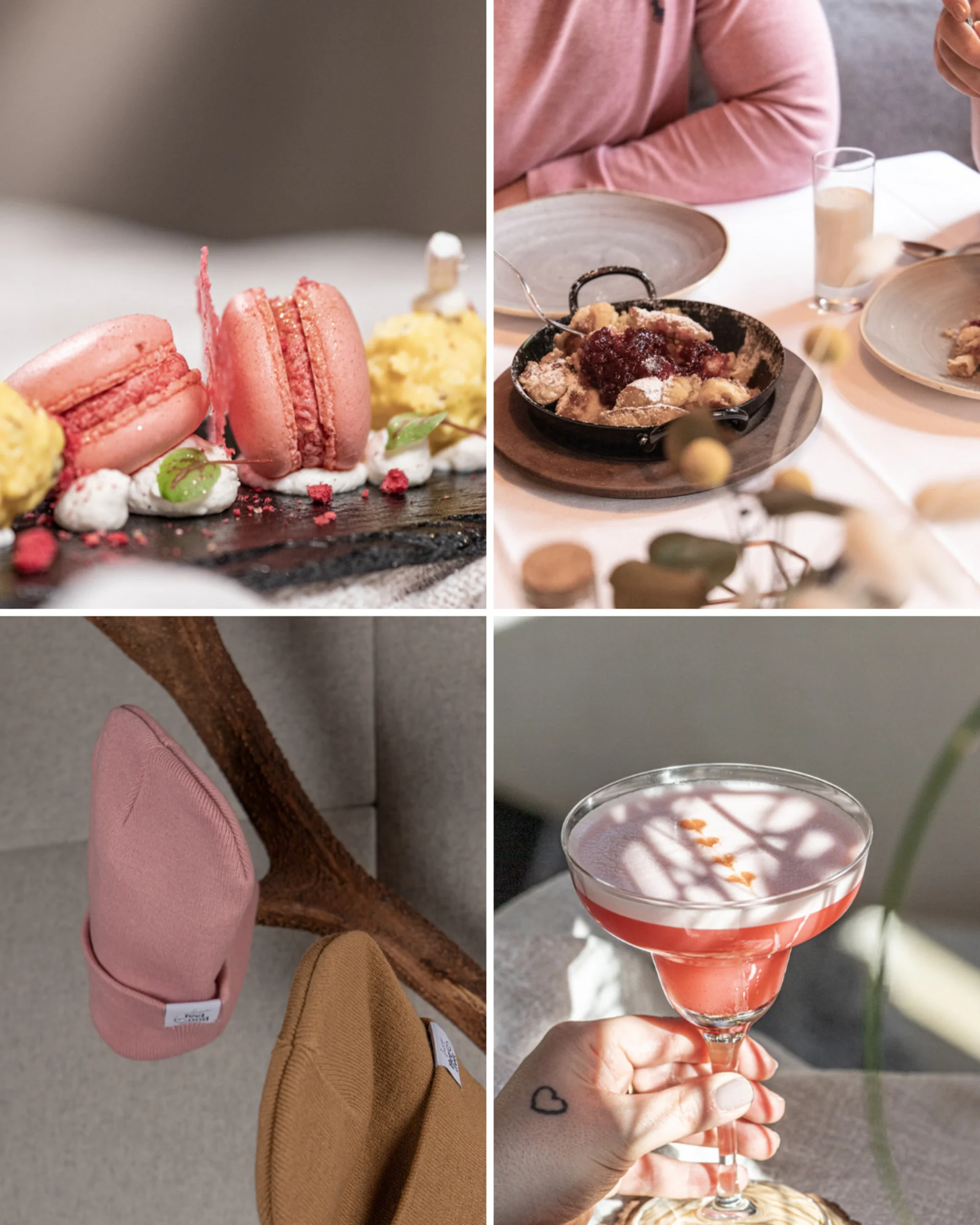 Colour Hunting Sommerchallenge Vier separate Bilder zeigen Macarons, Dessert, Mützen und ein rosa Cocktailglas