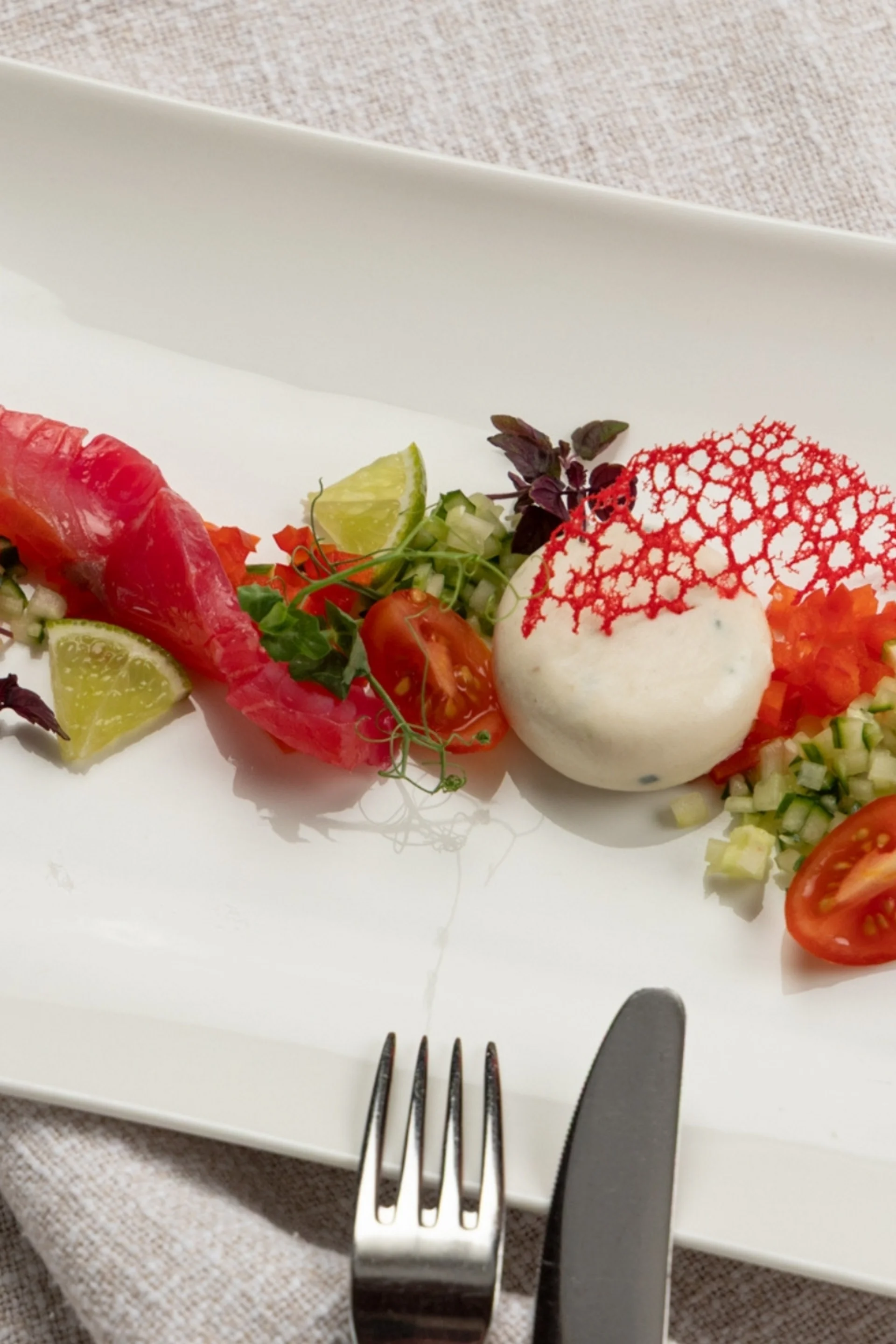 Garnierter Teller mit feinem rohem Fisch, Gemüse und Sauce, mit Besteck und Glas Weißwein