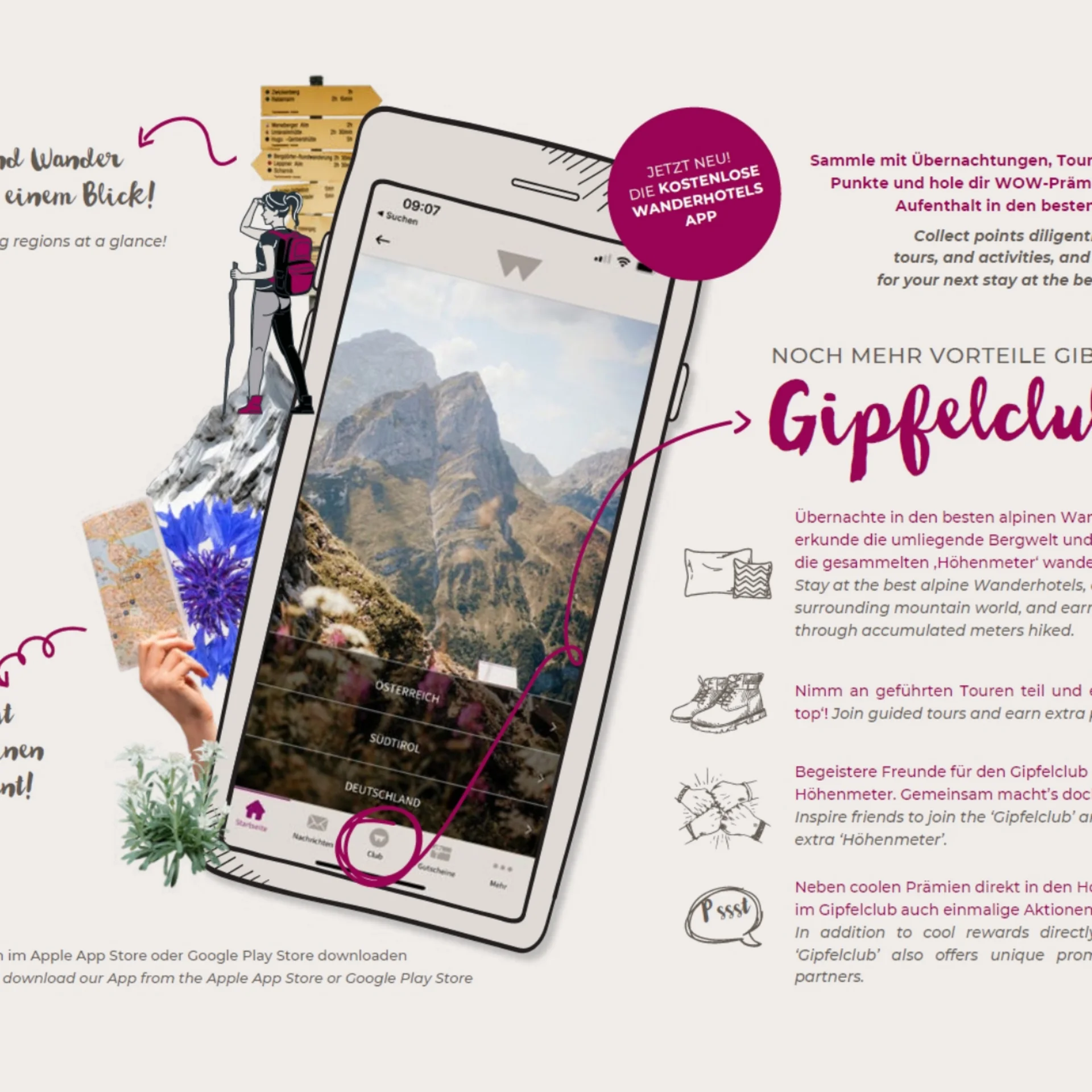 Werbebild für Wanderhotels App mit Vorteilen des Gipfelclubs und QR-Code zum Download