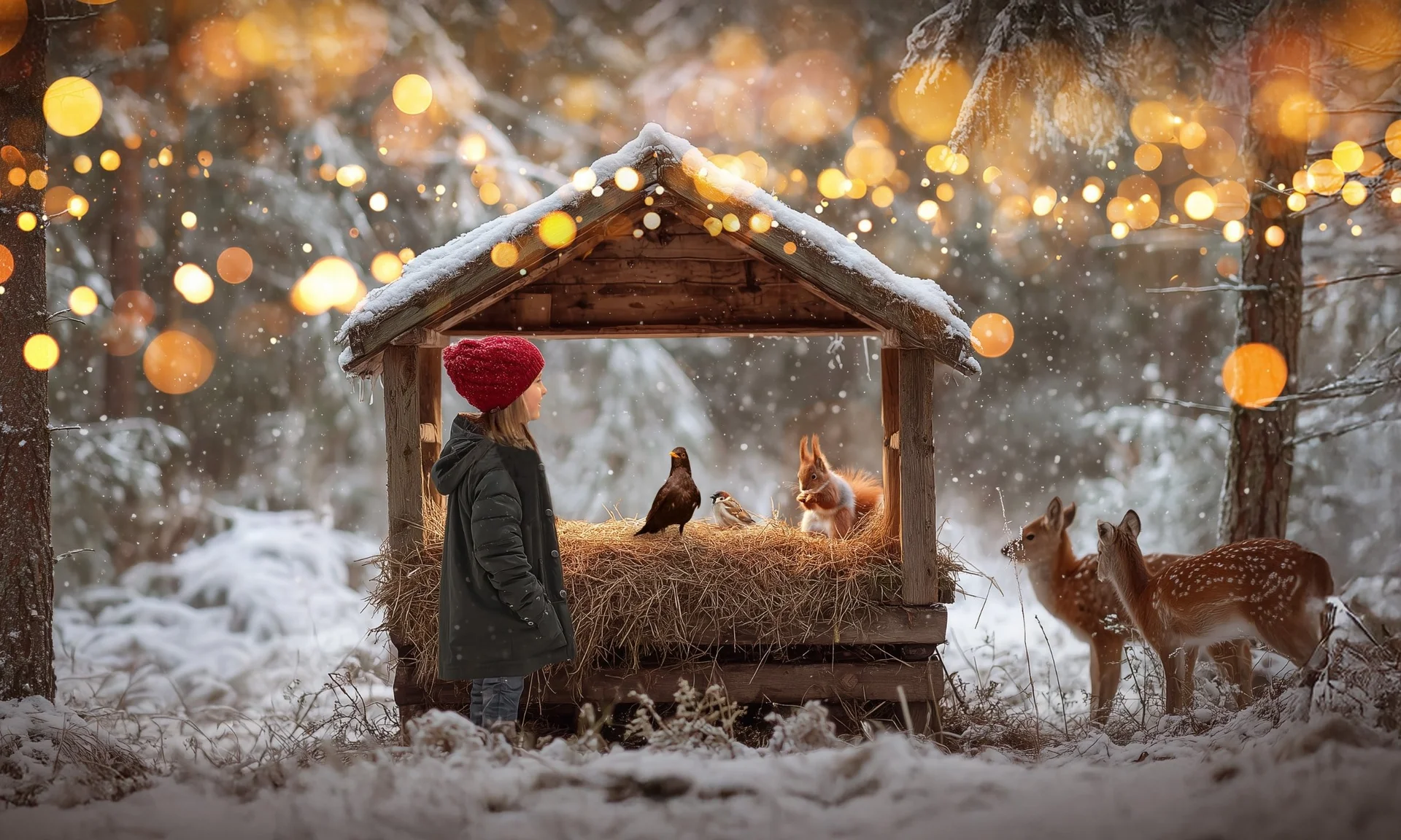 Home Kind mit roter Mütze nahe Futterhaus mit Rehen und Vögeln im verschneiten Wald