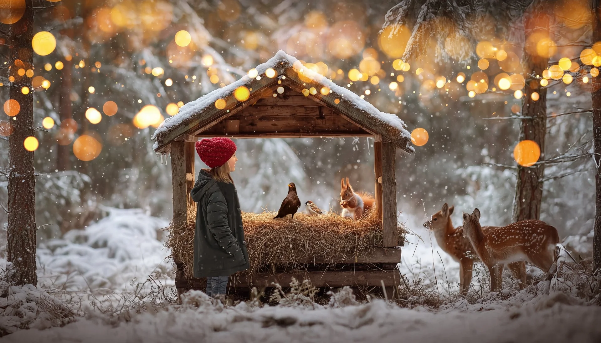 Gassner-Blog Kind mit roter Mütze nahe Futterhaus mit Rehen und Vögeln im verschneiten Wald