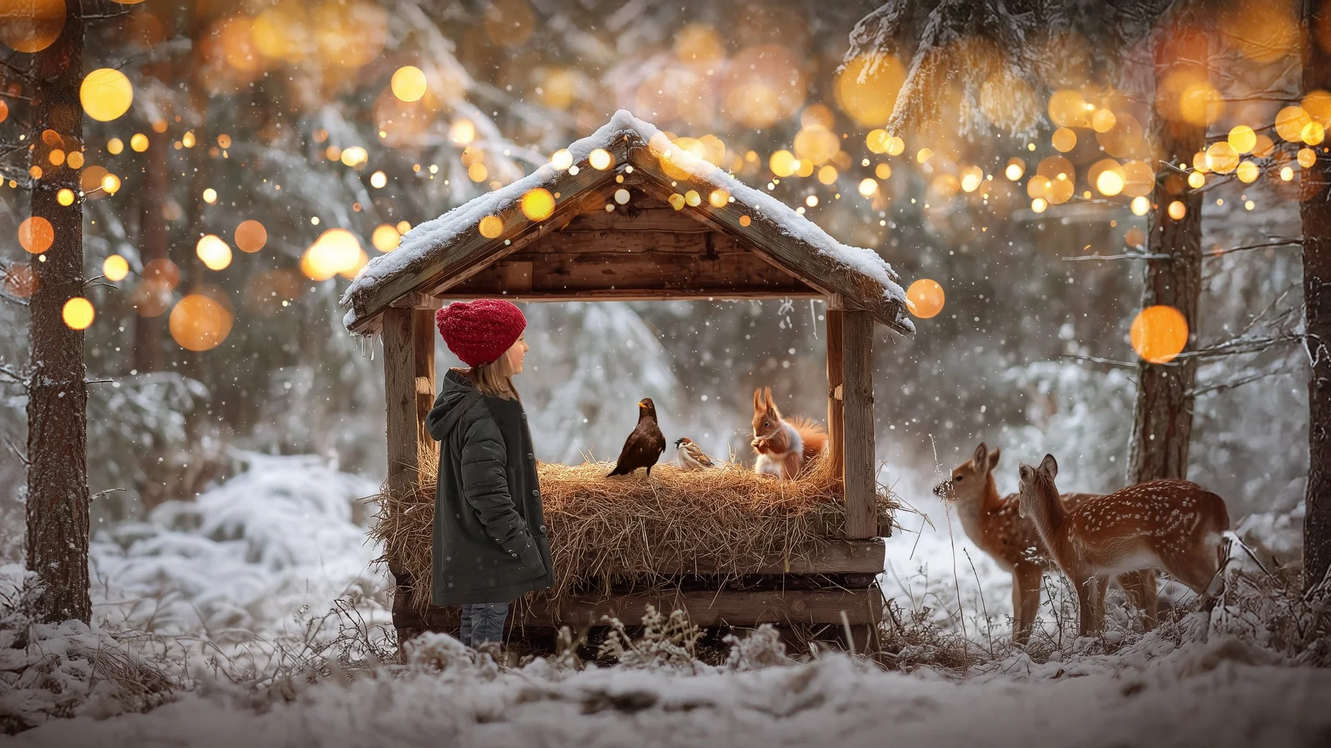 Eine kleine Gassner Weihnachtsgeschichte Kind mit roter Mütze nahe Futterhaus mit Rehen und Vögeln im verschneiten Wald